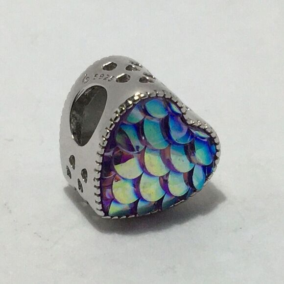 Sterling Silver Charm Heart Bead Iridescent Multicolor Mermaid Fish Scales - Picture 4 of 13